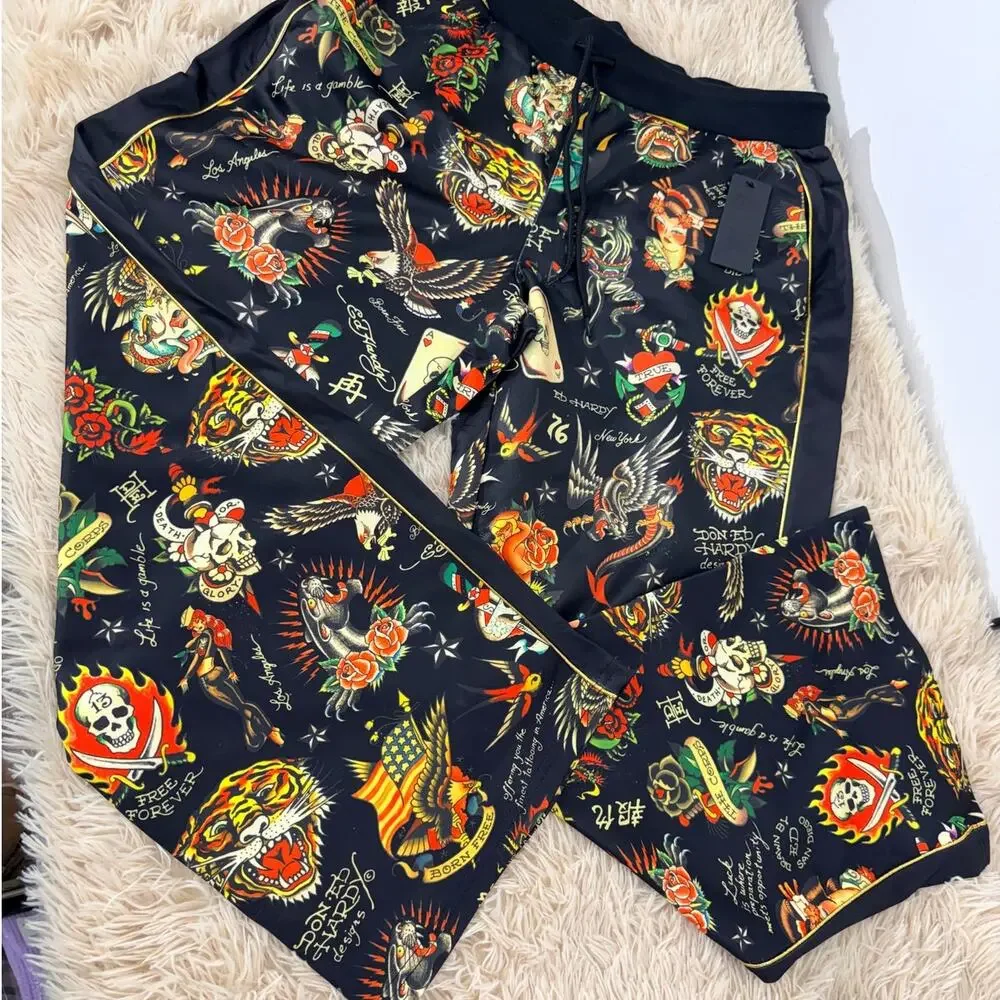 Ed Hardy Tattoo Print Jogger Pants Unisex Large NWT Black Streetwear Lounge - Picture 3 of 12